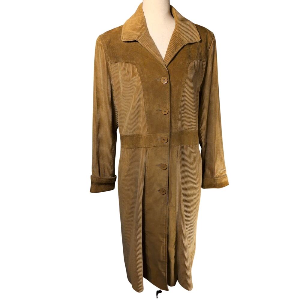 Vintage Marvin Richards Trench Coat Leather Trim Tan Western Corduroy Jacket 14P